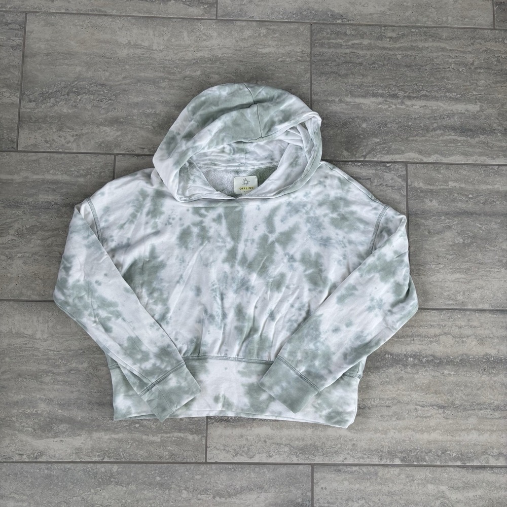 Aerie Tie Dye White/Green Cozy Cropped Soft Hoodie Size Medium
